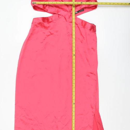 Zara Women Pink Satin Cut Out Slip Midi Dress XL