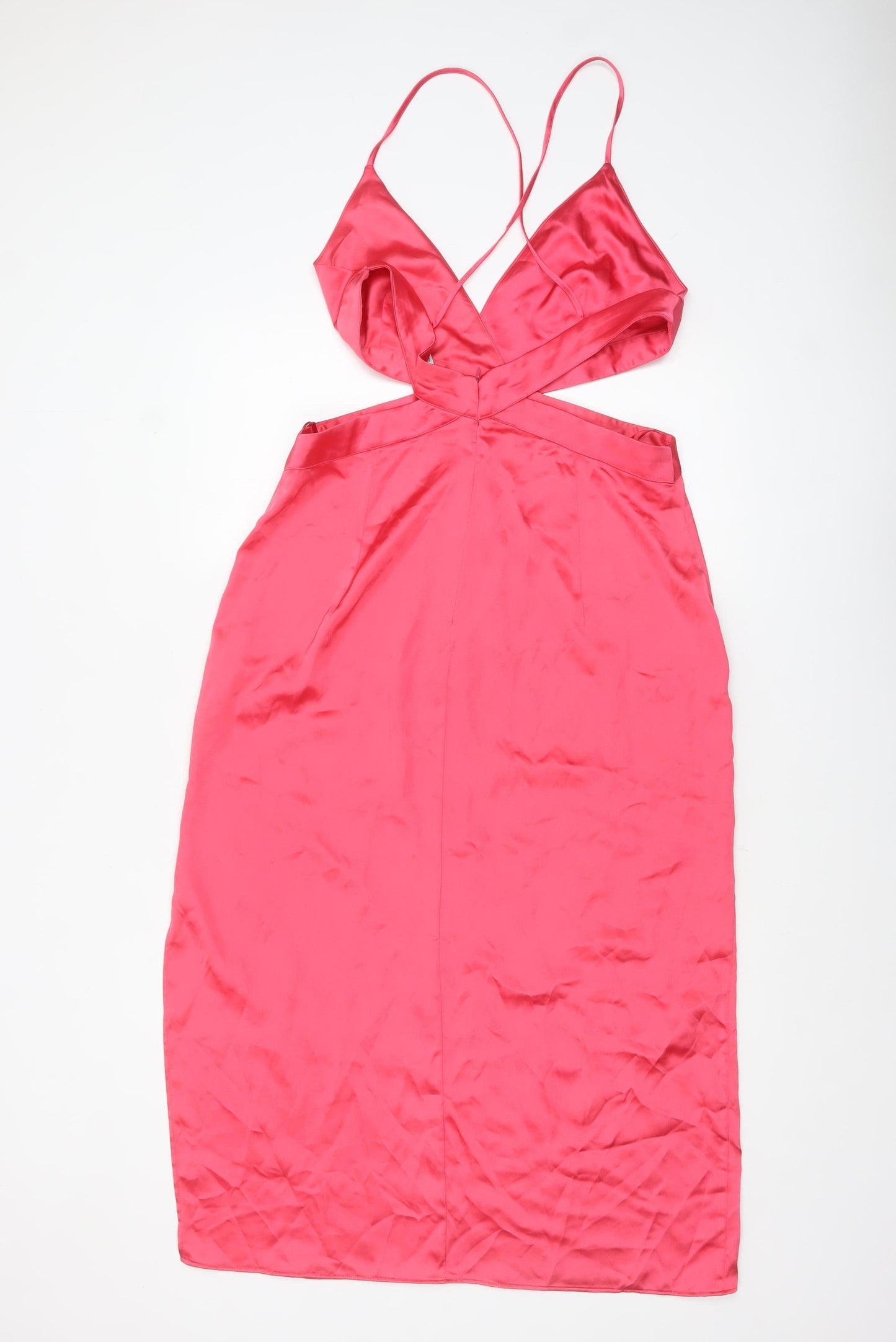 Zara Women Pink Satin Cut Out Slip Midi Dress XL