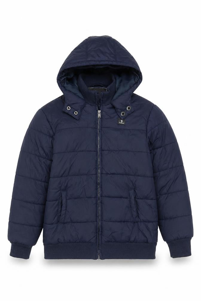 Front view of Firetrap boys’ blue hooded puffer jacket 10-11 years nylon winter coat