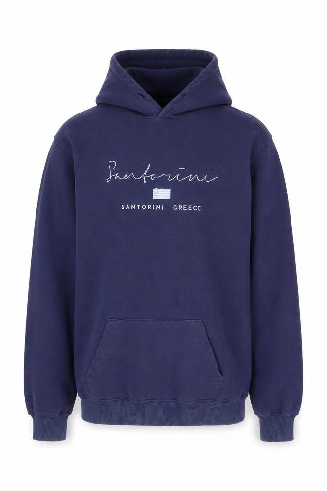 Front view of StrangeA Men’s Blue Santorini Pullover Hoodie, size S, Graphic Fleece
