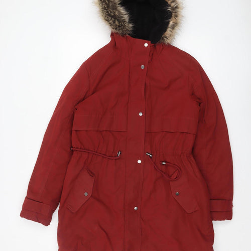 George Women's Red Parka Coat Faux Fur Hooded Size M