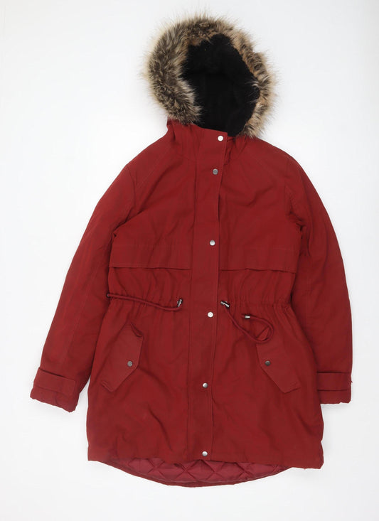 George Women's Red Parka Coat Faux Fur Hooded Size M