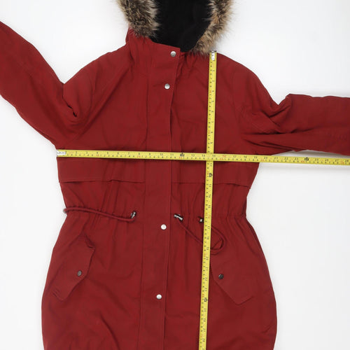 George Women's Red Parka Coat Faux Fur Hooded Size M