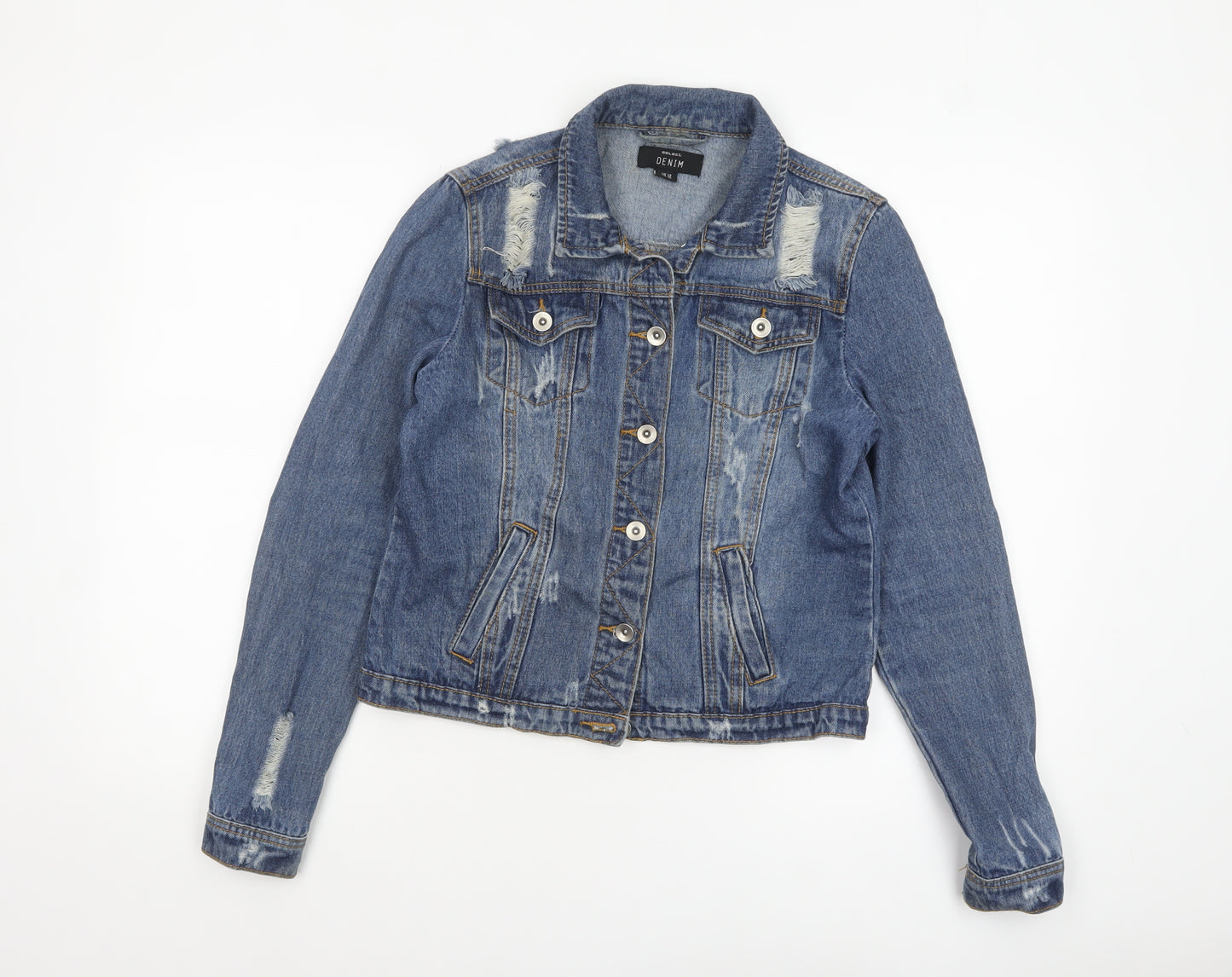 Select Women Blue Denim Distressed Button Jacket Size 12