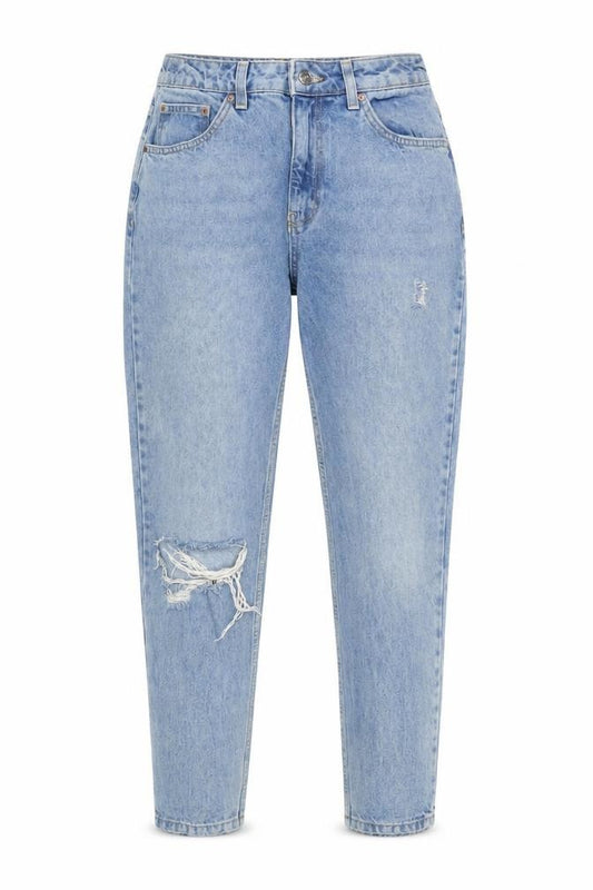 Front view of Topshop Women’s Blue Mom Jeans, size UK 10, High Rise Distressed Denim