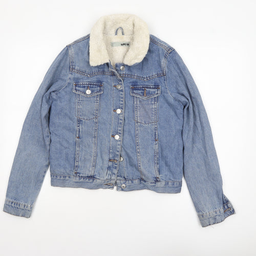 Topshop Moto Women's Blue Denim Faux Fur Collar Jacket Size 10