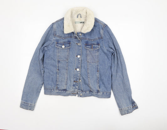 Topshop Moto Women's Blue Denim Faux Fur Collar Jacket Size 10