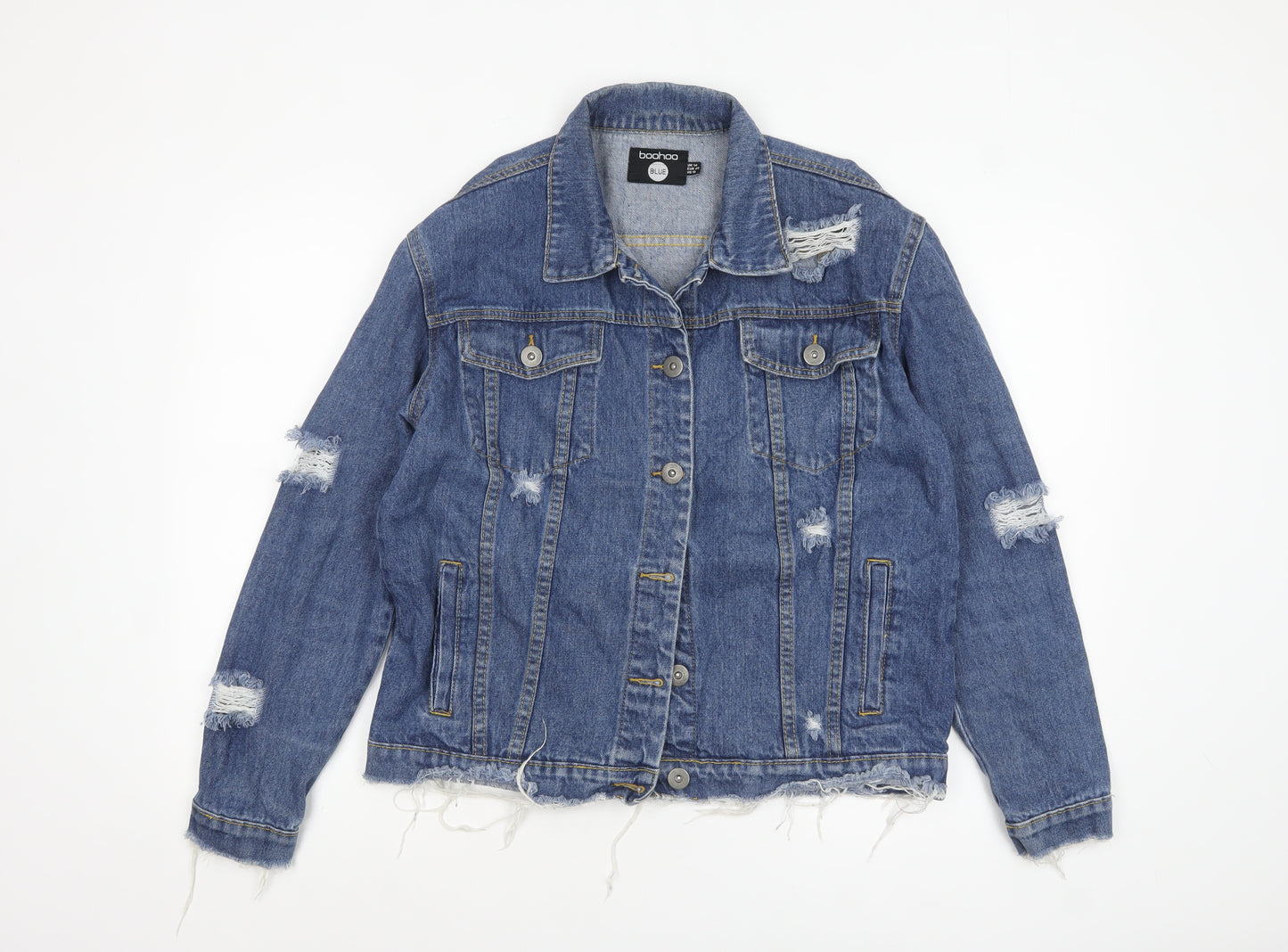 Boohoo Women Blue Denim Distressed Basic Jacket Size 14