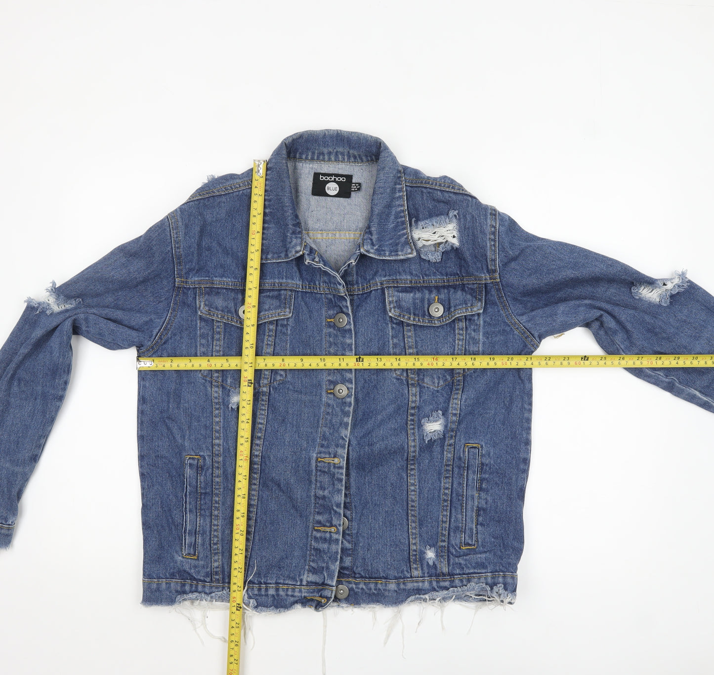 Boohoo Women Blue Denim Distressed Basic Jacket Size 14
