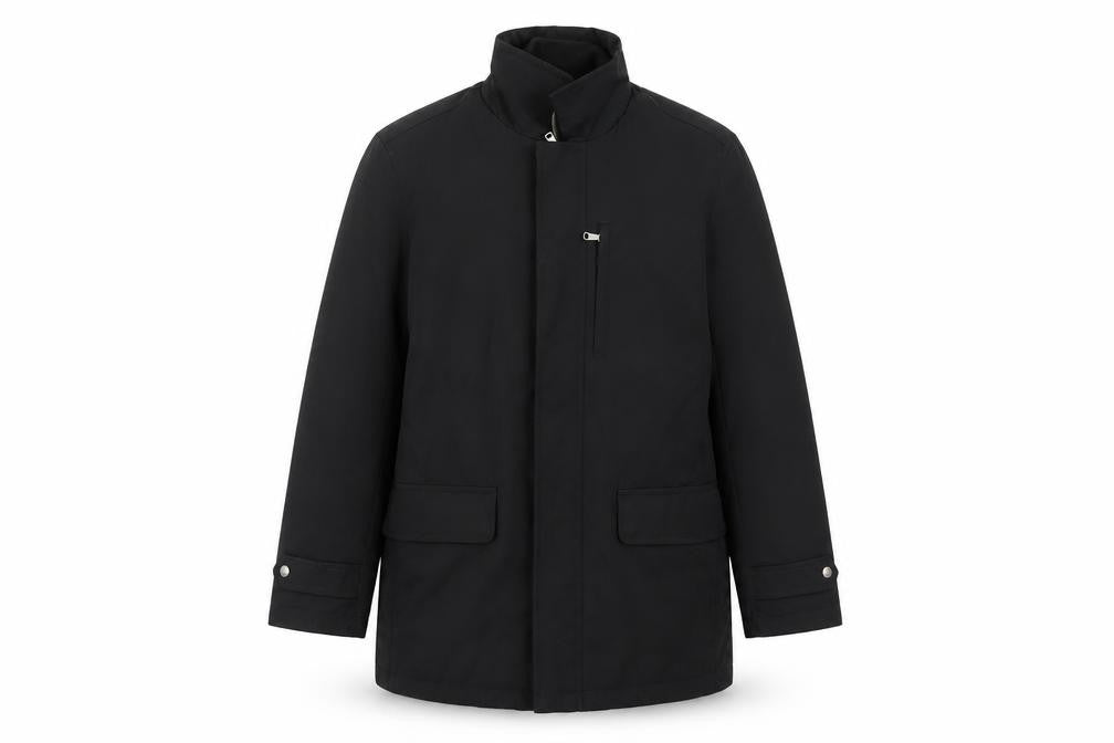 Front view of Banana Republic Men's Black Small Mid-Length Nylon Coat