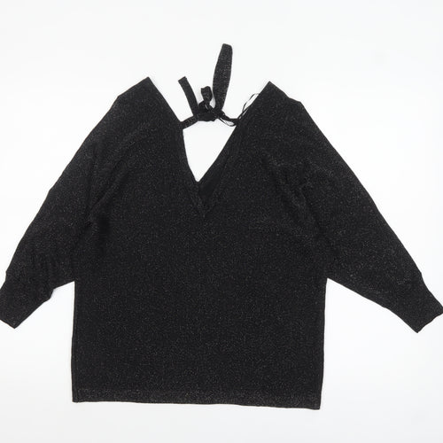 Next Women's Black Glitter V-Neck Long Sleeve Party Jumper Size 14