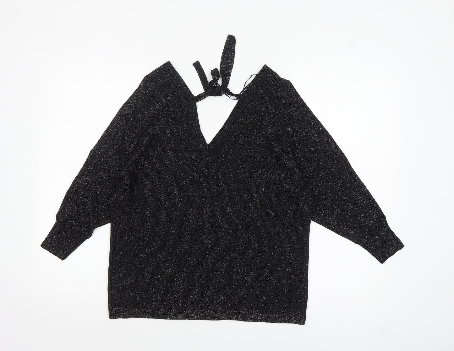 Next Women's Black Glitter V-Neck Long Sleeve Party Jumper Size 14