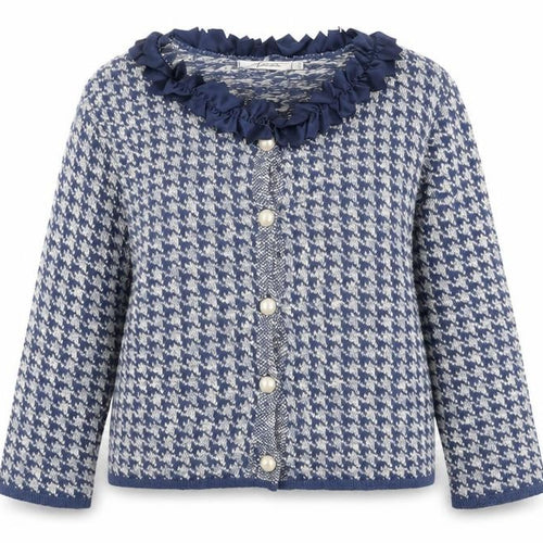 Nicole Italy Womens Blue Cardigan UK 16 Houndstooth Ruffle Collar