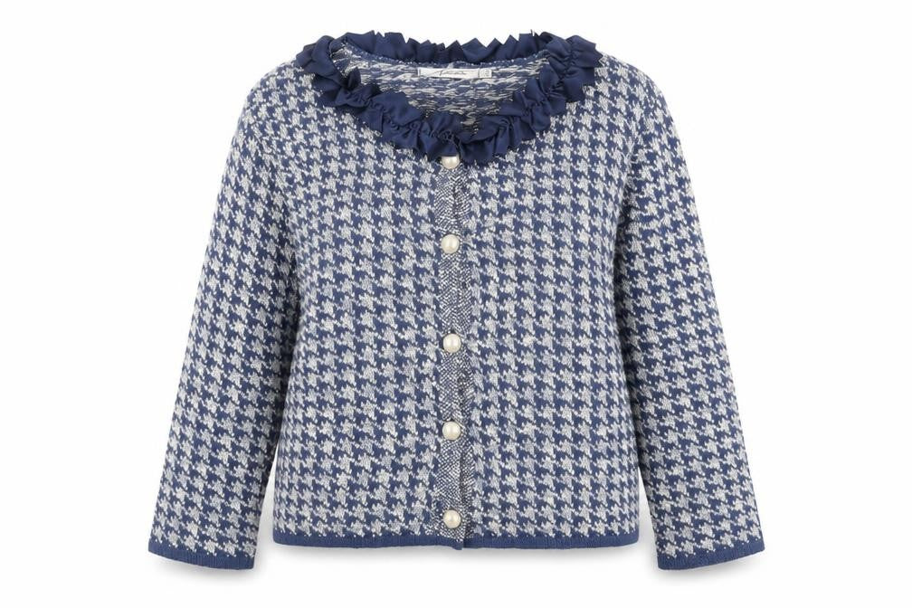 Nicole Italy Womens Blue Cardigan UK 16 Houndstooth Ruffle Collar