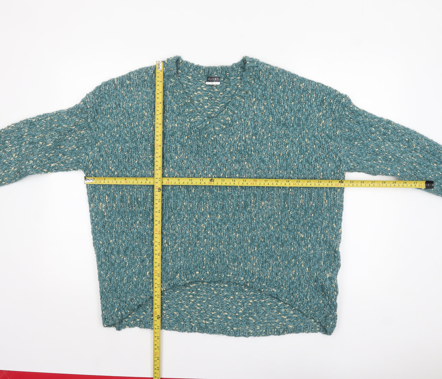 Beloved Women Green L Chunky Knit V-Neck Pullover Jumper