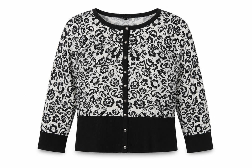 Premise Studio Women Black & White Floral Cardigan L Rayon Blend
