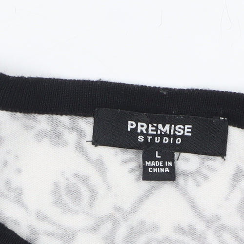 Premise Studio Women Black & White Floral Cardigan L Rayon Blend
