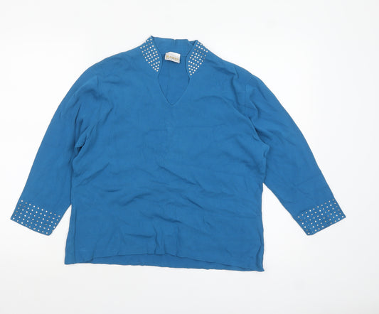 Roman Originals Women Blue Studded V-Neck 3/4 Sleeve Knit Jumper L