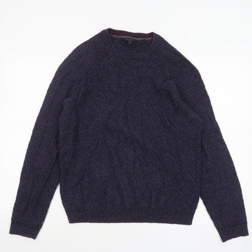 Ted Baker Men's Blue Crew Neck Wool Blend Cable-Knit Jumper M