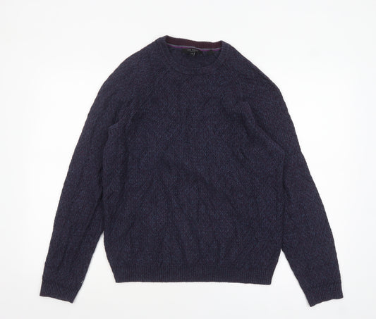 Ted Baker Men's Blue Crew Neck Wool Blend Cable-Knit Jumper M