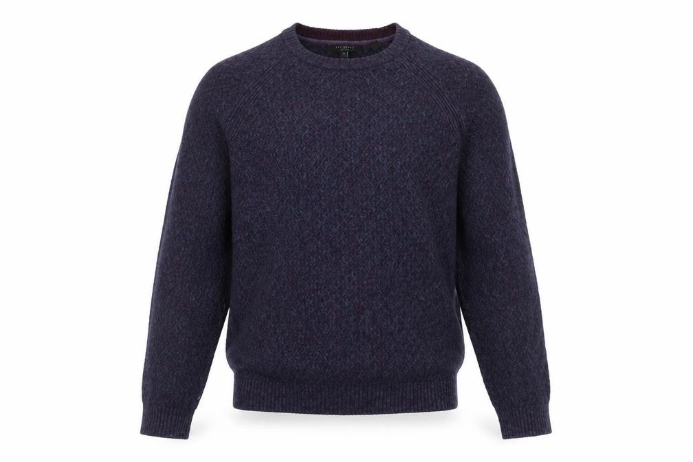 Front view of Ted Baker Men's Blue Crew Neck Wool Blend Cable-Knit Jumper M