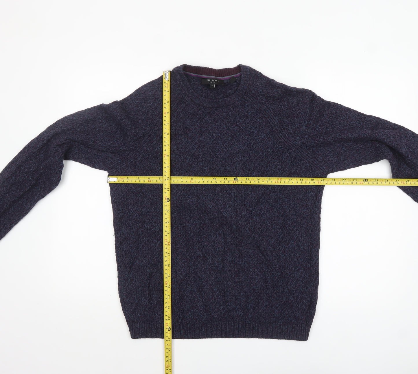 Ted Baker Men's Blue Crew Neck Wool Blend Cable-Knit Jumper M