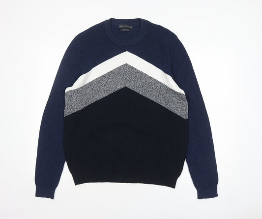 Marks and Spencer Men's Blue Geometric Cotton Pullover Jumper L