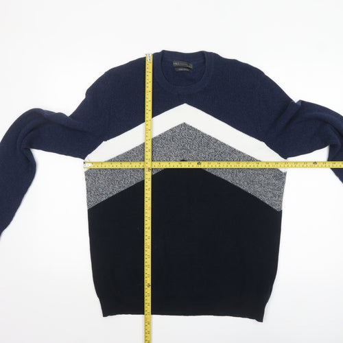 Marks and Spencer Men's Blue Geometric Cotton Pullover Jumper L