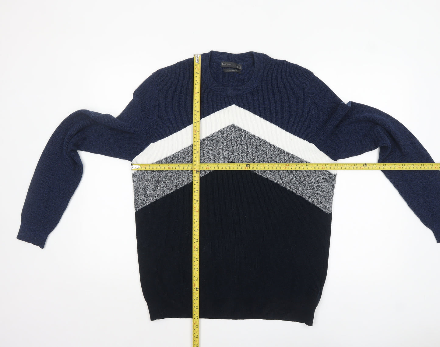 Marks and Spencer Men's Blue Geometric Cotton Pullover Jumper L