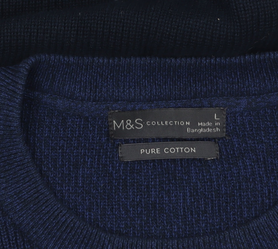 Marks and Spencer Men's Blue Geometric Cotton Pullover Jumper L