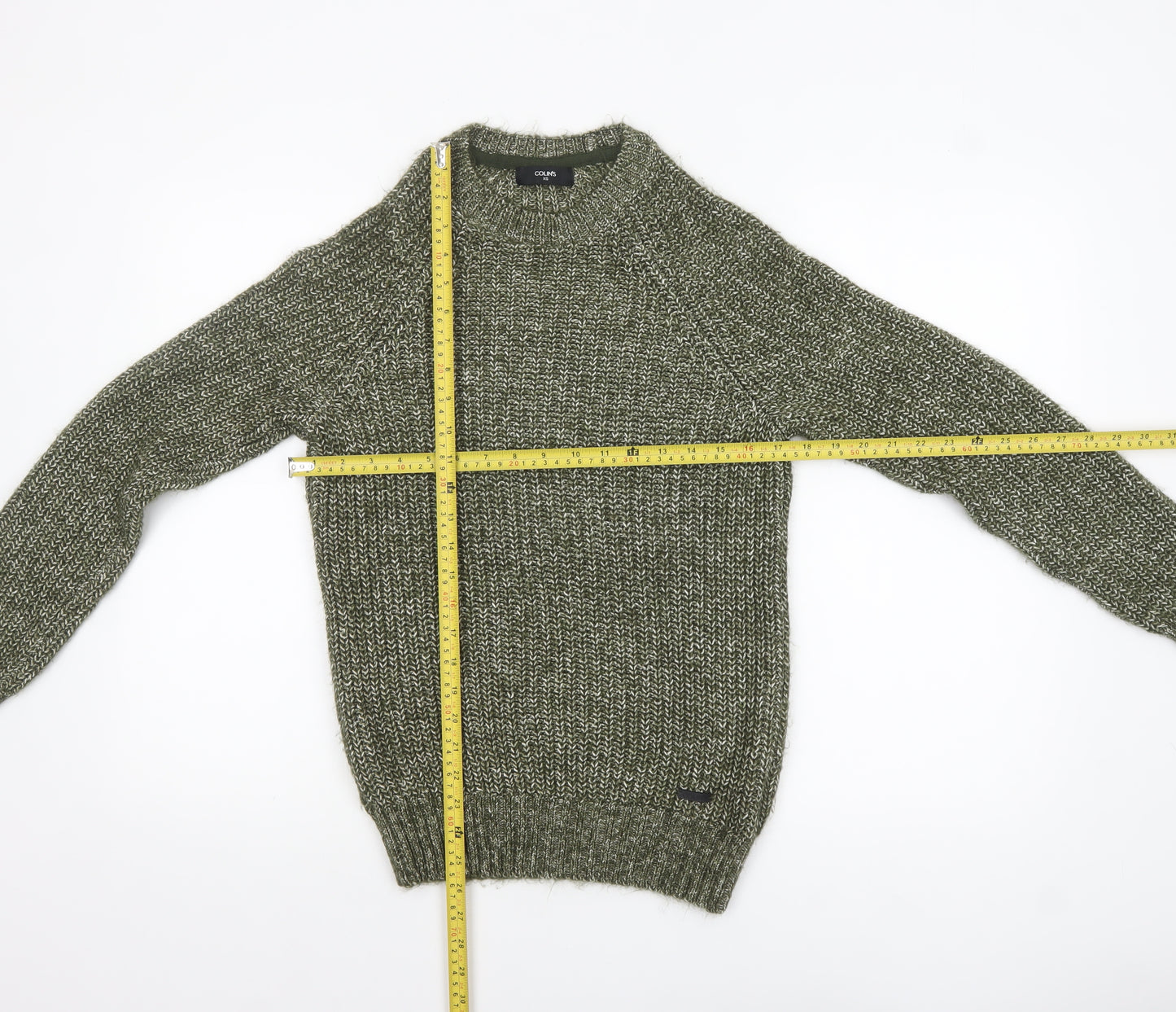 COLIN'S Mens Green Chunky Knit Crew Neck Pullover Jumper XS