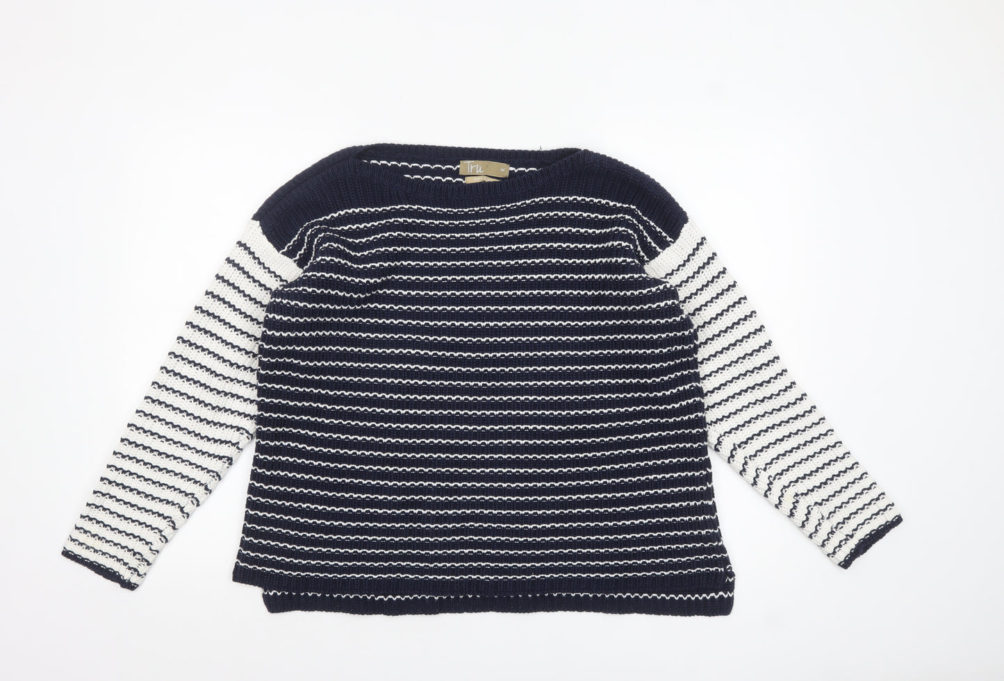 Tru Womens Blue Striped Cotton Knit Jumper Size M