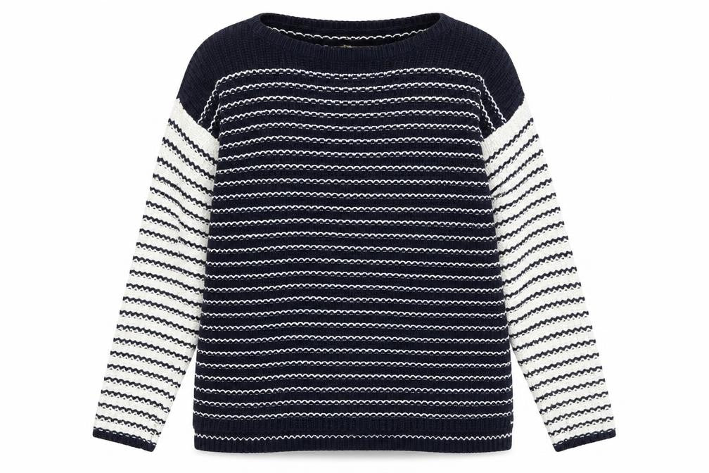 Front view of Tru women’s blue striped cotton knit jumper, size M