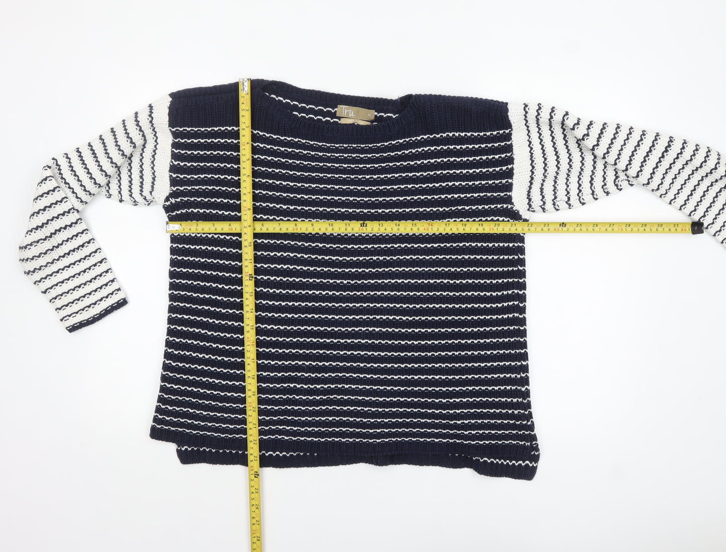 Tru Womens Blue Striped Cotton Knit Jumper Size M