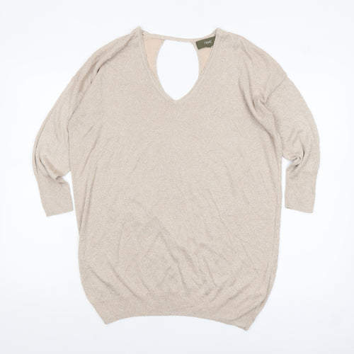 Next Women Beige Metallic V-Neck Long Sleeve Jumper Size 12