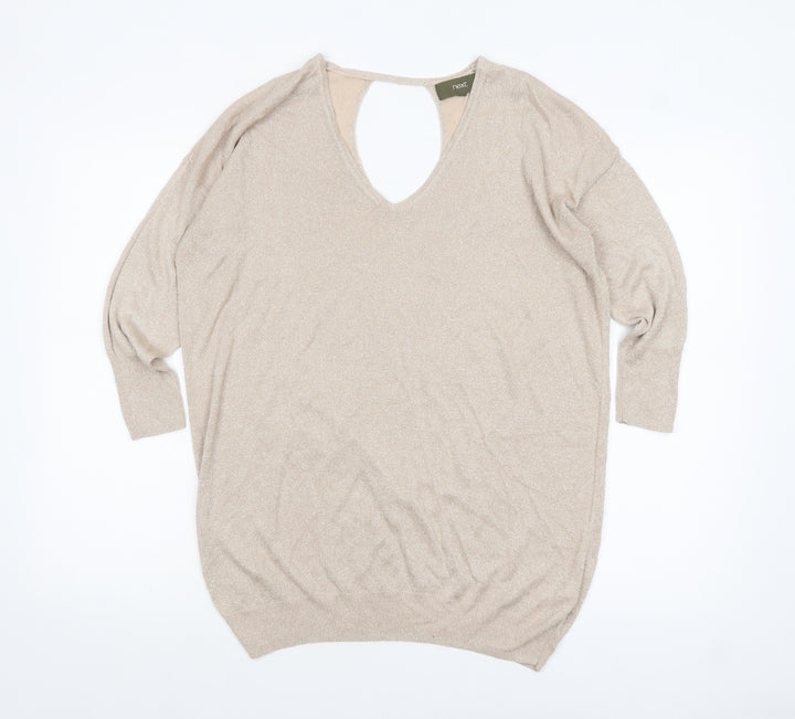 Next Women Beige Metallic V-Neck Long Sleeve Jumper Size 12