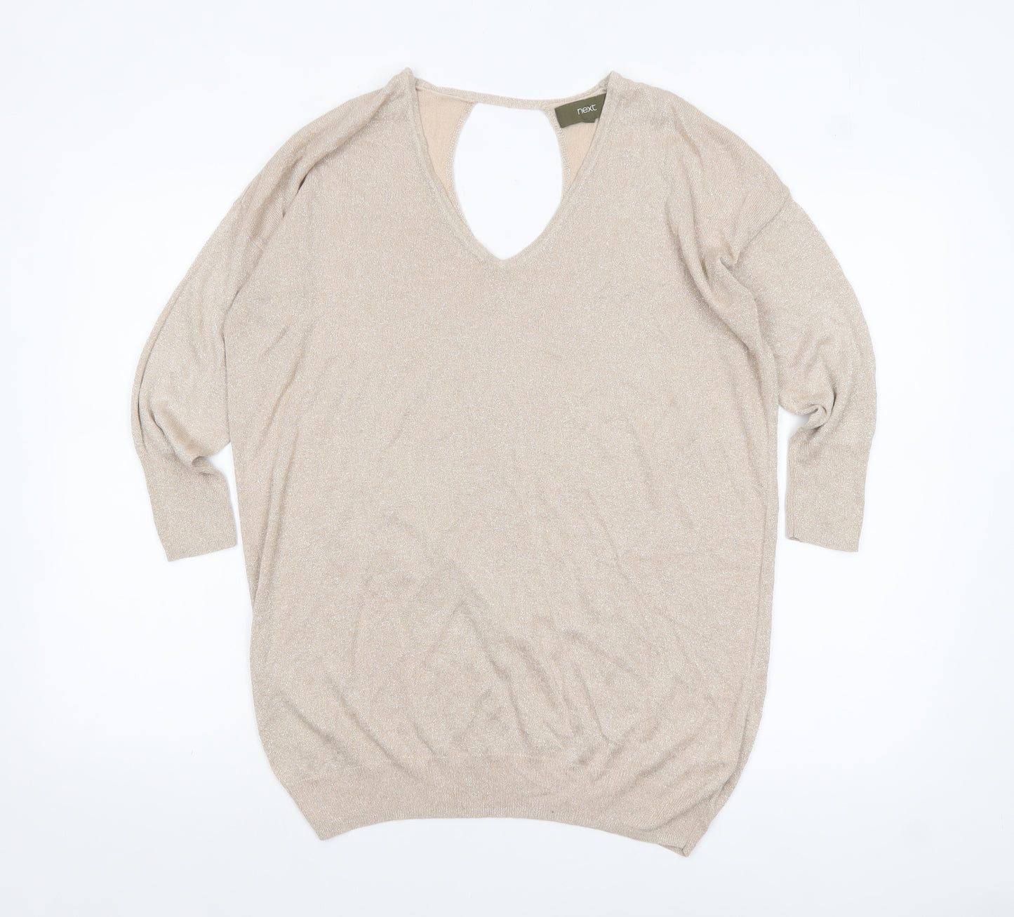Next Women Beige Metallic V-Neck Long Sleeve Jumper Size 12