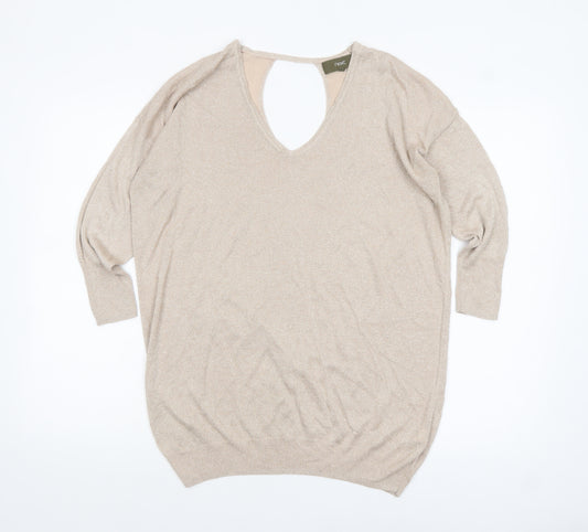 Next Women Beige Metallic V-Neck Long Sleeve Jumper Size 12