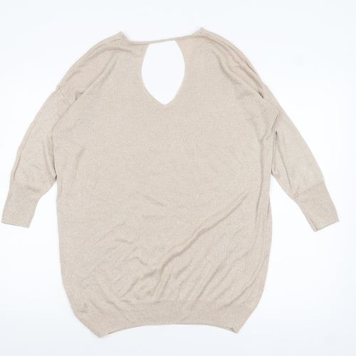 Next Women Beige Metallic V-Neck Long Sleeve Jumper Size 12
