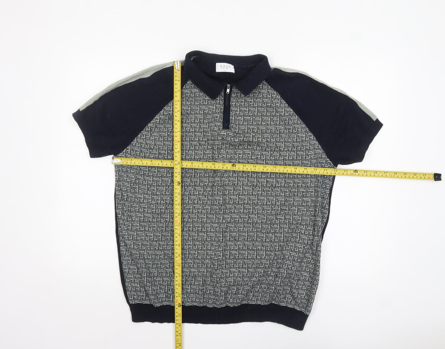 EASY Men’s Blue Geometric Knit Zip Polo Shirt Size L