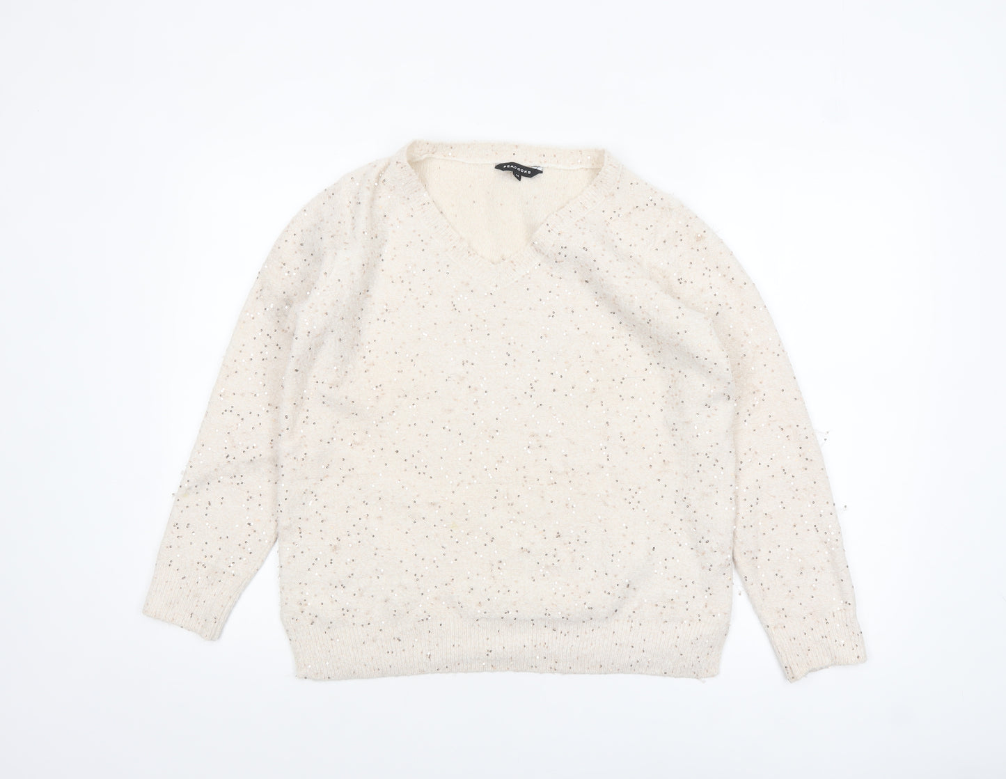 Peacocks Women’s Beige Sequin V-Neck Knit Jumper Size M