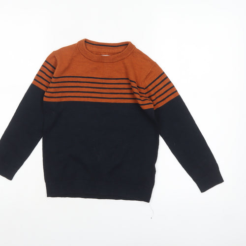 FatFace Boys Navy & Rust Striped Jumper Crew Neck 6-7 Years Cotton Wool