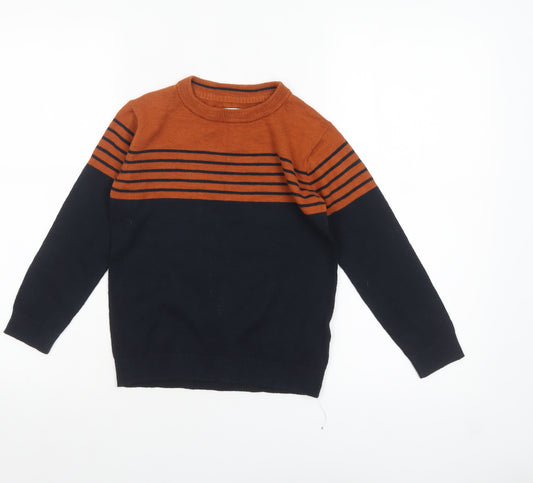 FatFace Boys Navy & Rust Striped Jumper Crew Neck 6-7 Years Cotton Wool