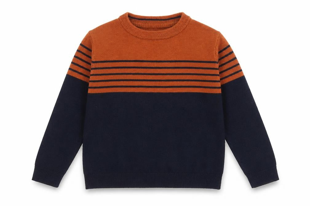 Front view of FatFace boys’ navy & rust striped jumper crew neck 6-7 years cotton wool