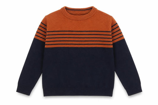 FatFace Boys Navy & Rust Striped Jumper Crew Neck 6-7 Years Cotton Wool