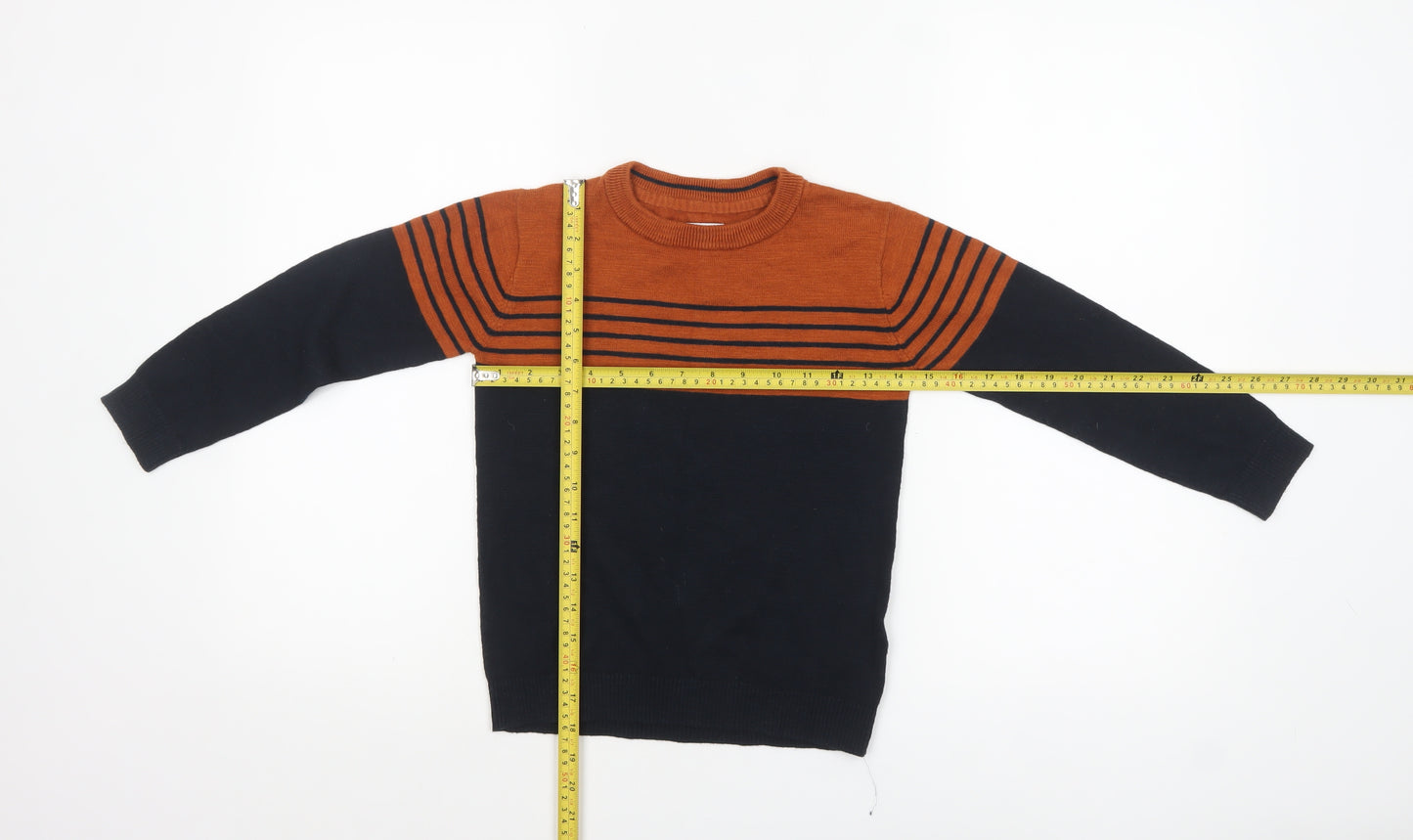 FatFace Boys Navy & Rust Striped Jumper Crew Neck 6-7 Years Cotton Wool