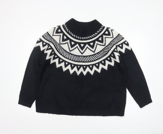 Marks and Spencer Women's Black High Neck Geometric Knit Jumper L