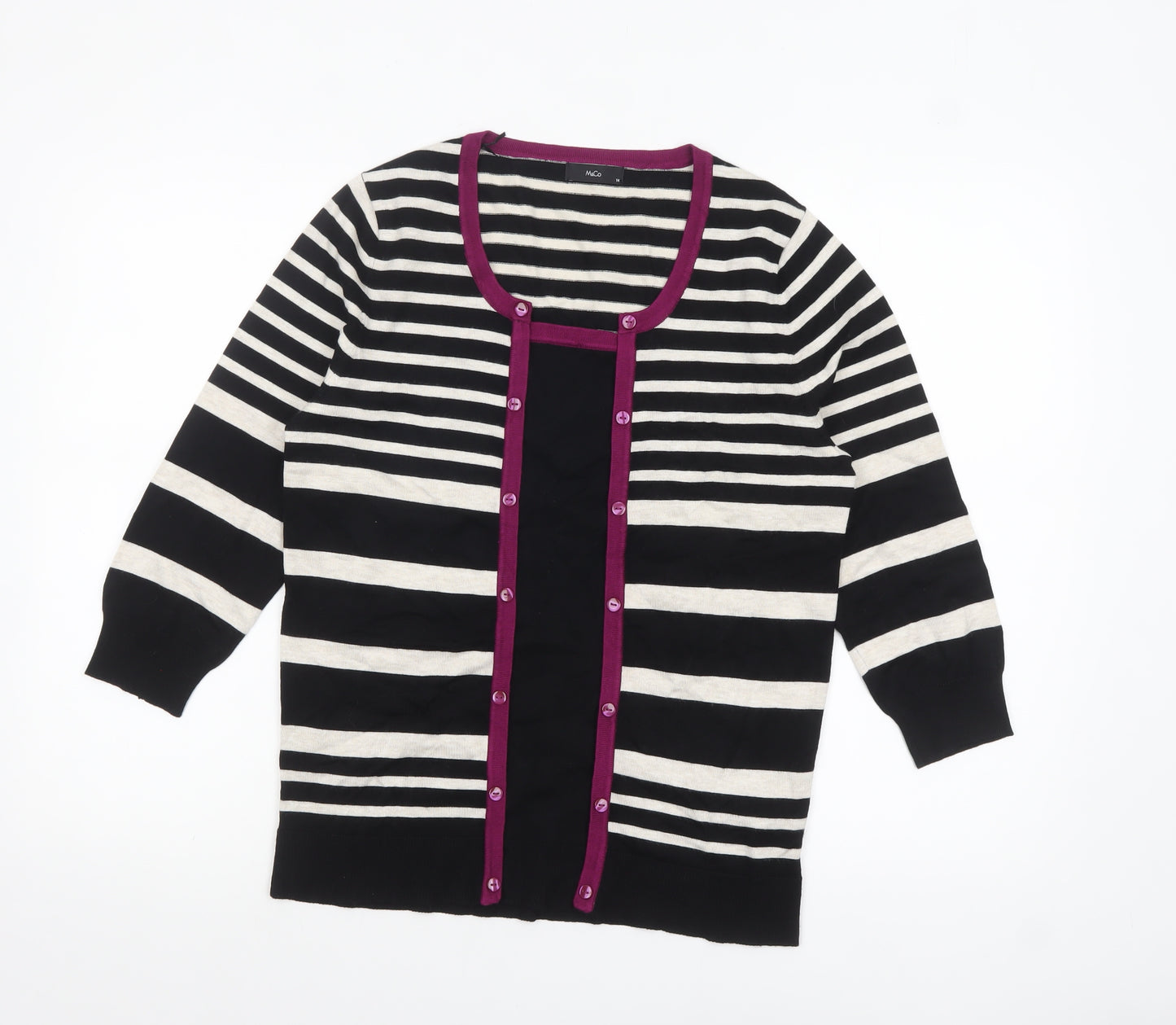 M&Co Womens Black Striped 3/4 Sleeve Cardigan Size 14