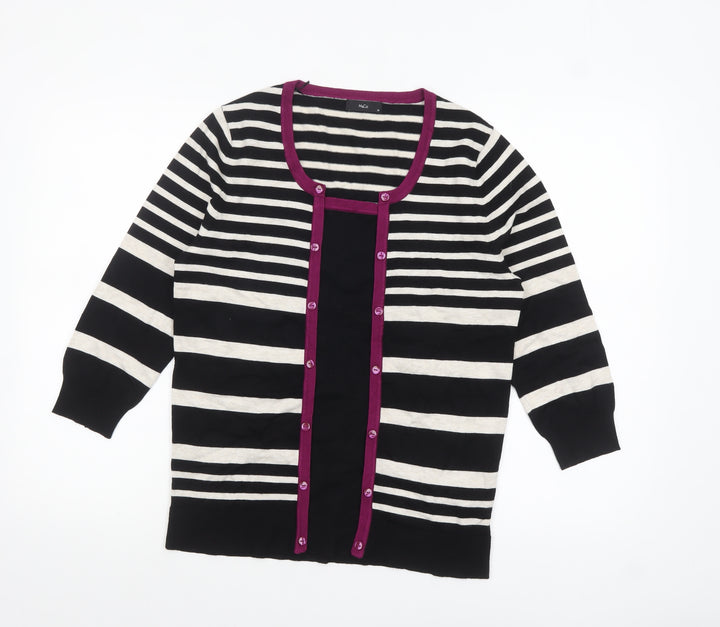 M&Co Womens Black Striped 3/4 Sleeve Cardigan Size 14