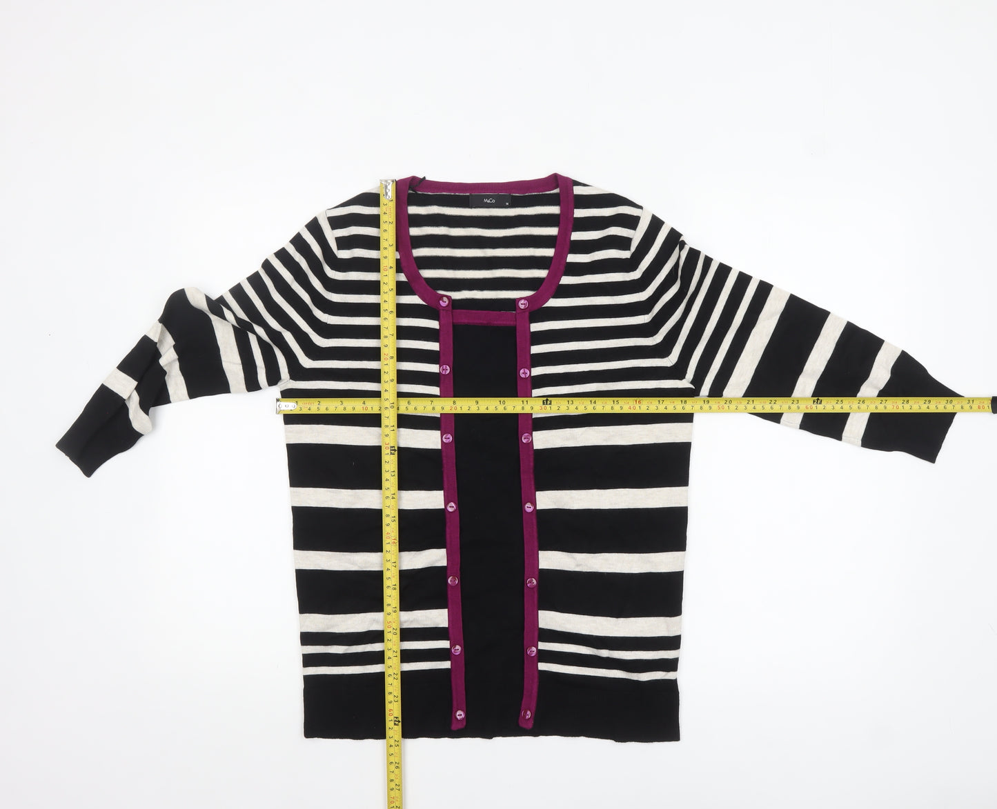M&Co Womens Black Striped 3/4 Sleeve Cardigan Size 14
